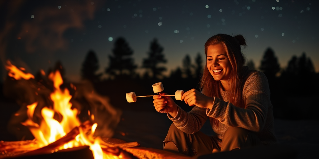 Warmly lit image of a couple roasting marshmallows over a crackling campfire, soft glow from the flames casting flickering shadows on their faces, with distant trees silhouetted against a starry sky.