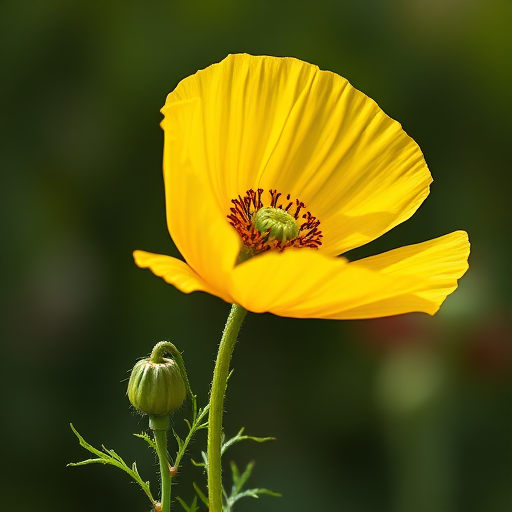 Generate a high-quality botanical illustration of a yellow poppy flower with its stem and leaves, captured using a DSLR camera at f/4.0 aperture, 50mm lens, ISO 100, and soft natural lighting for enhanced detail and color vibrancy.
