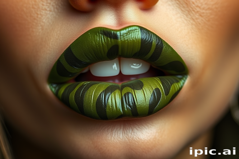 Olive green lips with camouflage-inspired patterns, named "Urban Jungle," offer a unique and edgy appearance with a satin finish for streetwear fashion shoots and urban exploration
