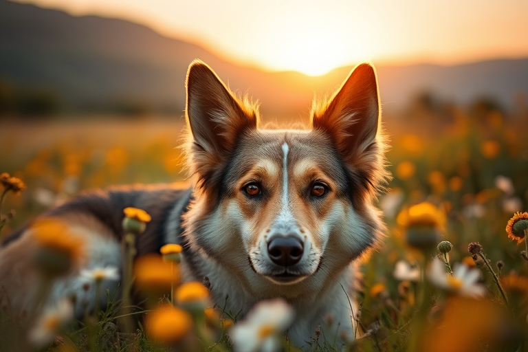 A majestic dog lying in a field of blooming wildflowers under a soft golden sunset, focused on the dog's expressive face, with a blurred background of mountains, captured with a Canon EOS R5, using a 50mm f/1.2 lens, aperture set to f/2.8 for shallow depth of field, ISO 100, and a warm color palette.