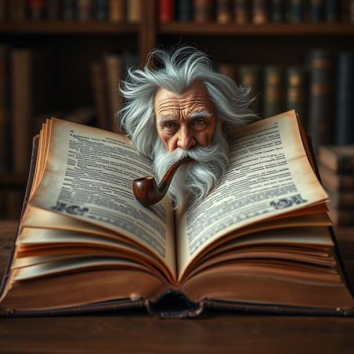 Create a detailed illustration of an open vintage book with an artistic rendering of a wise old man with wild white hair and a pipe, focus on the intricate details of the book's cover and pages, use a DSLR camera with a 50mm lens, set aperture to f/2.8 for a shallow depth of field, and adjust the ISO to 100 for clarity, ensuring a soft warm light illuminates the scene.