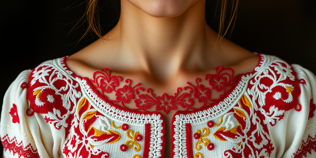 Face, shoulders, chest covered in openwork Ukrainian embroidery. Raw, unedited image.