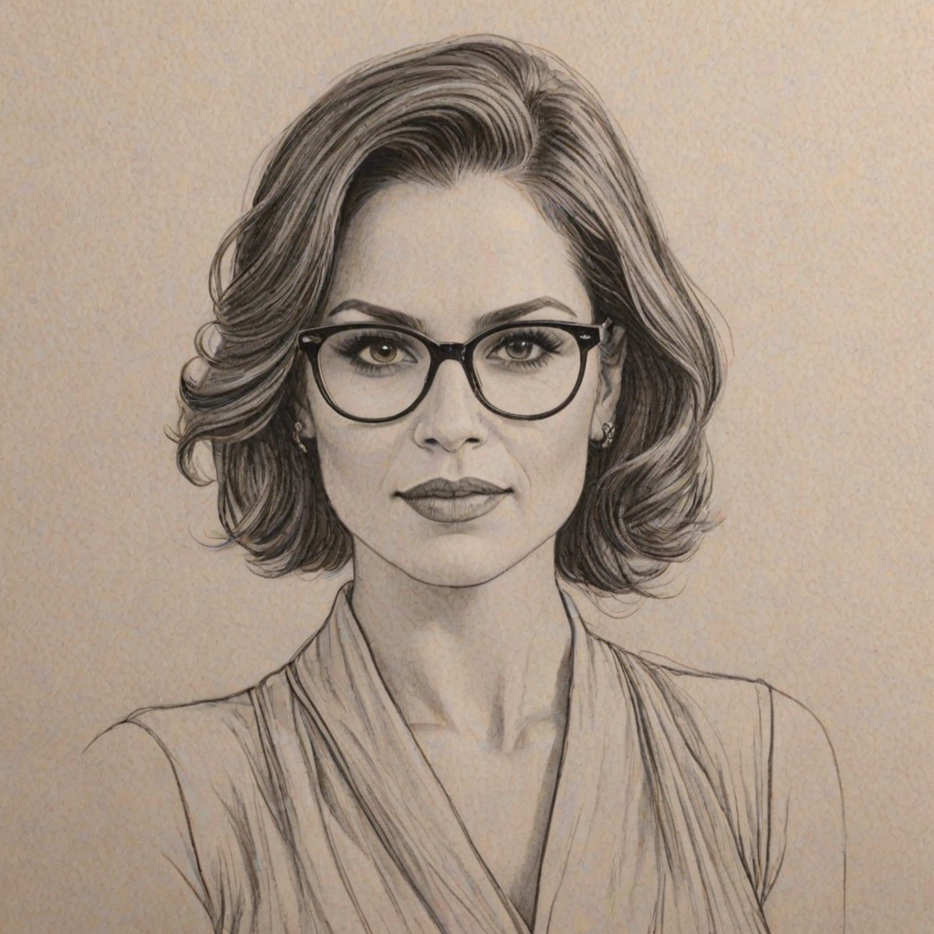Elegant Lana Parrilla, pencil sketch, portrait of Ravishing woman 1932s in glasses, hair style beatnik, outline, clear lines, fine lines, 8k