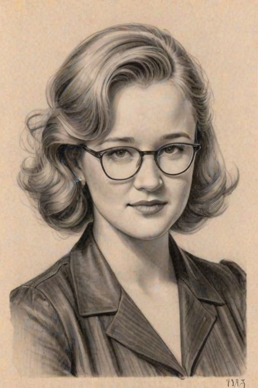 Sublime Haley Joel Osment, pencil sketch, portrait of Splendid woman 1937s in glasses, hair style beatnik, outline, clear lines, fine lines, 8k