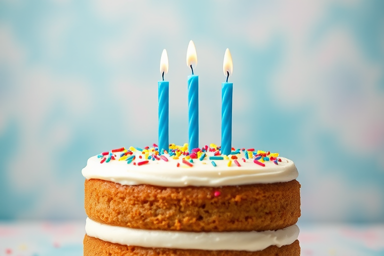 Create a vibrant birthday cake with three blue candles on top, set against a soft-focused pastel background, captured with a DSLR camera, f/2.8 aperture, ISO 100, 50mm lens, and a top-down view for enhanced detail and depth.