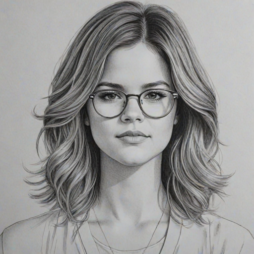 Beauteous Maren Morris, pencil sketch, portrait of Appealing woman 1980s in glasses, hair style beatnik, outline, clear lines, fine lines, 8k