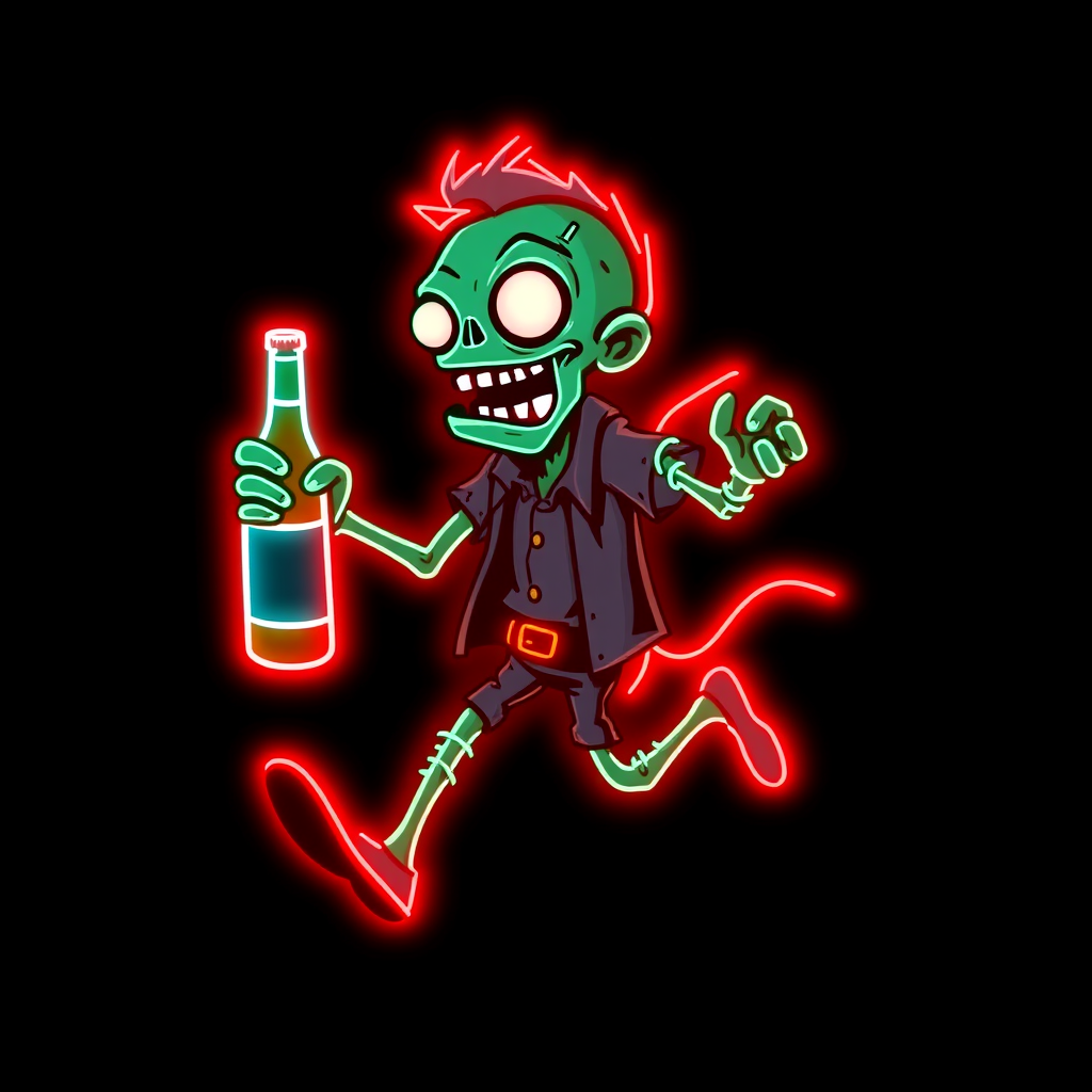 Create an image of a neon sign featuring a cartoon-style zombie in a dynamic pose, holding a bottle. The neon sign should glow in red against a dark background, making the character stand out prominently. The character should appear to be running, capturing attention with its vibrant color and action pose, perfect for advertising or decorative purposes.