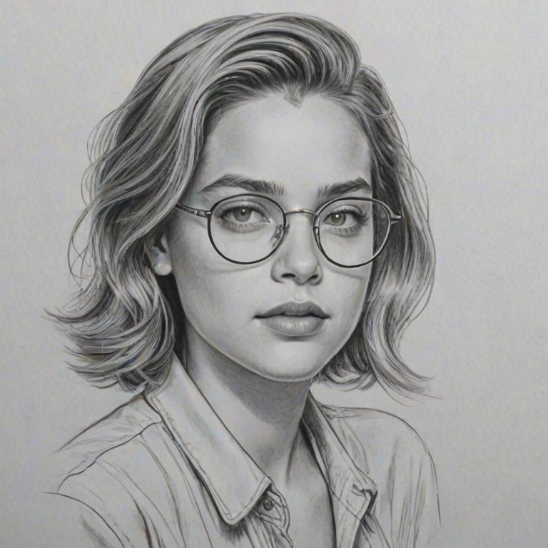 Alluring Cole Sprouse, pencil sketch, portrait of Exquisite woman 1948s in glasses, hair style beatnik, outline, clear lines, fine lines, 8k