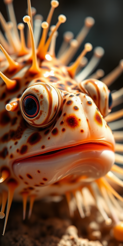Create a highly detailed illustration of a pufferfish, macro view, natural lighting, 50mm lens, f/5.6 aperture, ISO 100, 1/200s shutter speed, high-resolution digital art style.