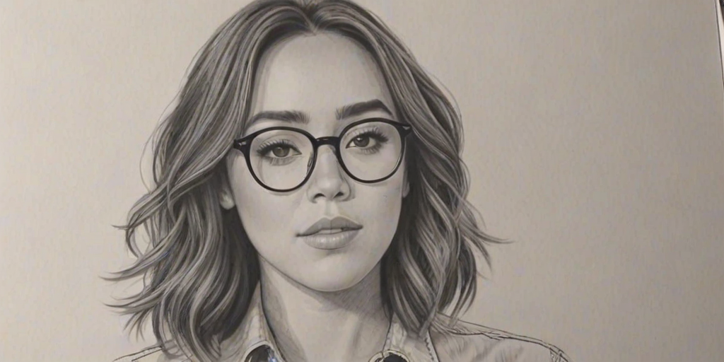 Stunning Chloe Bennet, pencil sketch, portrait of Charming woman 1944s in glasses, hair style beatnik, outline, clear lines, fine lines, 8k