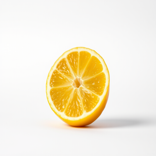 a bright yellow lemon slice on a plain white background, 50mm lens, f/2.8 aperture, ISO 100, shallow depth of field, natural lighting, high-resolution digital photography