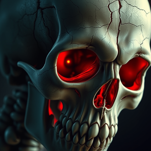 Create a highly detailed illustration of a cracked human skull with glowing red eyes, captured with a DSLR camera at f/2.8 aperture, 50mm focal length, and 1/125s shutter speed, in a close-up view with dramatic lighting and high contrast to enhance texture and depth.