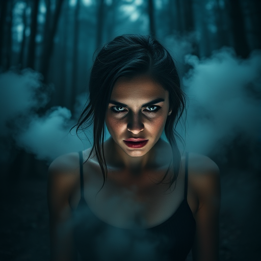 Create a high-resolution image of a woman in a dark forest, appearing monstrous with a fierce expression, with fog swirling around her, using a Canon EOS R5 camera, a 50mm lens, shot at f/1.8, 1/100 sec shutter speed, ISO 400, with dramatic lighting to emphasize her features and the eerie environment.