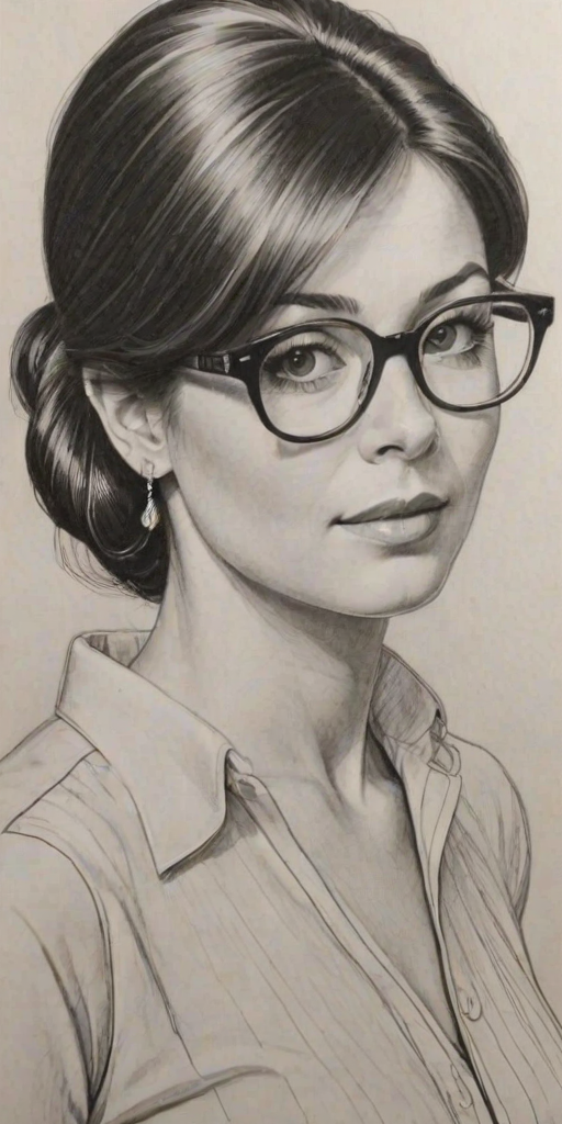 Comely Jane Leeves, pencil sketch, portrait of Sublime woman 1960s in glasses, hair style beatnik, outline, clear lines, fine lines, 8k