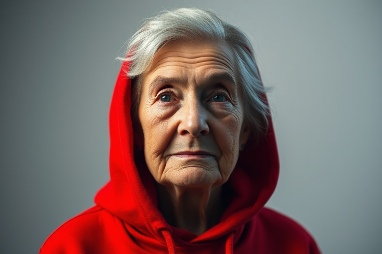 portrait of an elderly woman in a red hoodie, soft dramatic lighting, 50mm lens, f/1.8 aperture, shutter speed 1/200, ISO 100, shallow depth of field, studio setup, high-resolution image