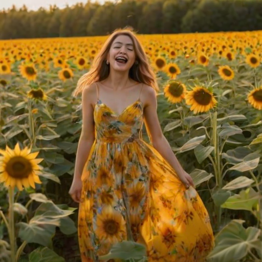 Vibrant sunflower field, with tall, golden blooms stretching toward the sky, a woman in a flowing dress walks through the flowers, her laughter ringing out as she spins joyfully among the bright blossoms.