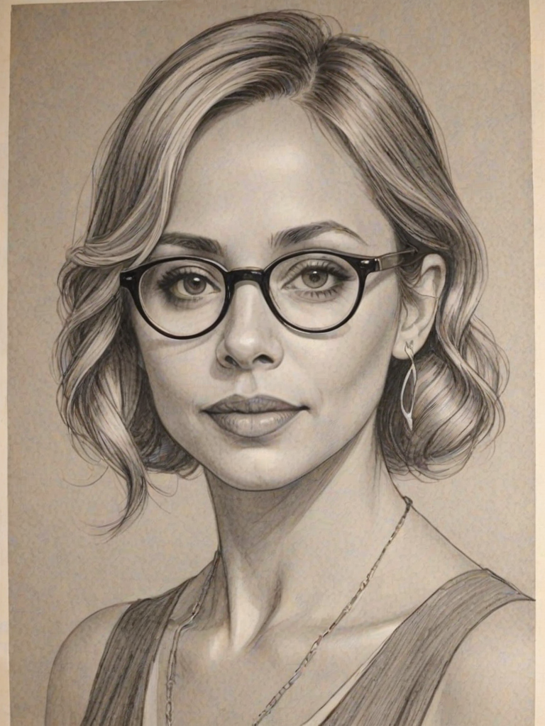 Superb Tara Strong, pencil sketch, portrait of Appealing woman 1925s in glasses, hair style beatnik, outline, clear lines, fine lines, 8k