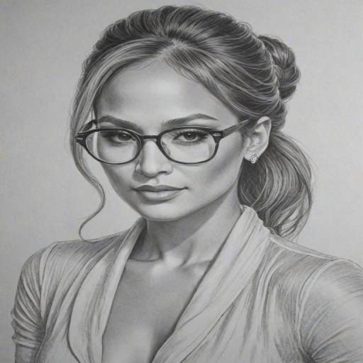 Ravishing Jennifer Lopez, pencil sketch, portrait of Pleasing woman 1929s in glasses, hair style beatnik, outline, clear lines, fine lines, 8k