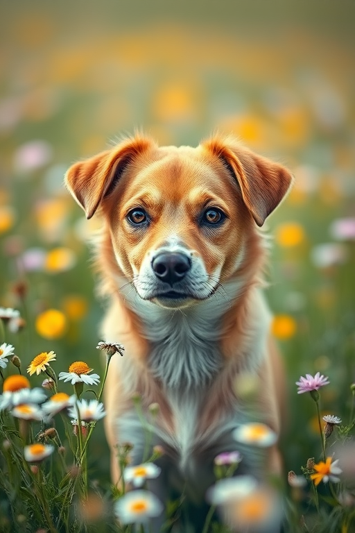 Regenerate a realistic image of a dog standing in a field of flowers, using a 50mm lens at f/1.8, ISO 100, with soft natural lighting, shallow depth of field, in a DSLR style, capturing the dog's expressive eyes and detailed fur texture.