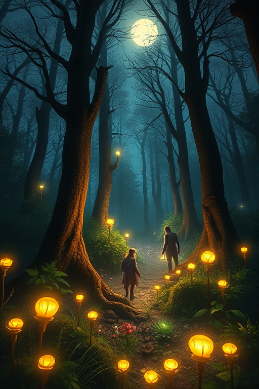 Generate a high-resolution digital illustration of a mystical forest with glowing plants and mystical creatures, shot with a Canon EOS R5 at f/1.8, ISO 100, 24mm lens, with a wide-angle perspective under soft moonlight filtering through the trees for enhanced image quality.