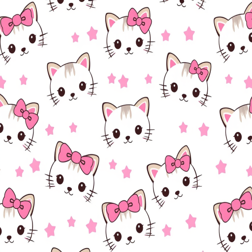 Create a seamless pattern featuring cute cartoon cat faces with pink bows on a light background interspersed with pink stars