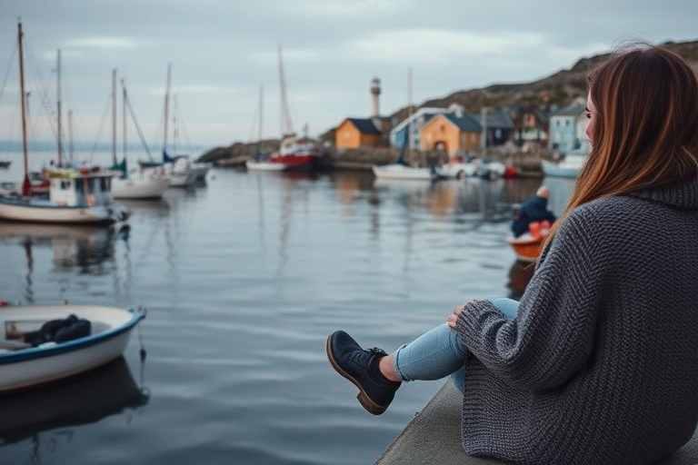 Quiet fishing village at dawn, boats bobbing in the harbor, a woman in a woolen sweater sits on the dock, her feet dangling over the edge as she watches the fishermen prepare for the day.