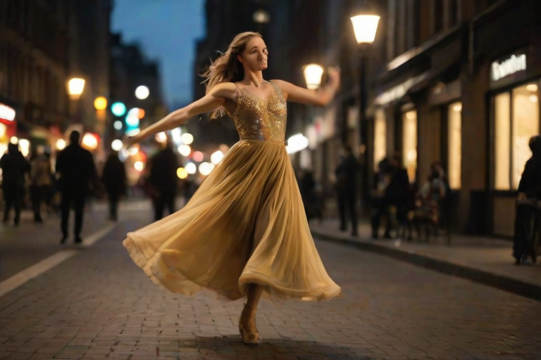 Blurry action shot of a dancer spinning in a flowing dress on a city street at night, soft golden light from nearby streetlamps casting long shadows, with distant pedestrians watching from the sidewalk.