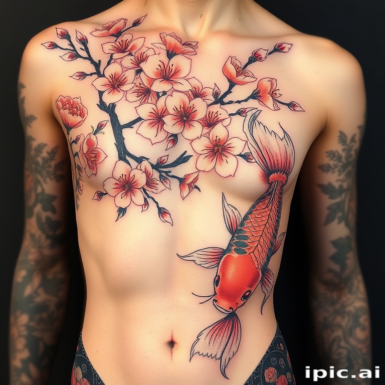 Elegant floral body tattoo wrapping around the torso, showcasing delicate cherry blossoms and koi fish in traditional Japanese irezumi style with bold black outlines and soft pastel colors