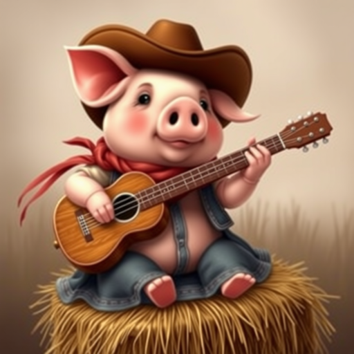 A chibi pig, dressed as a cowboy, playing guitar, sitting on a hay bale