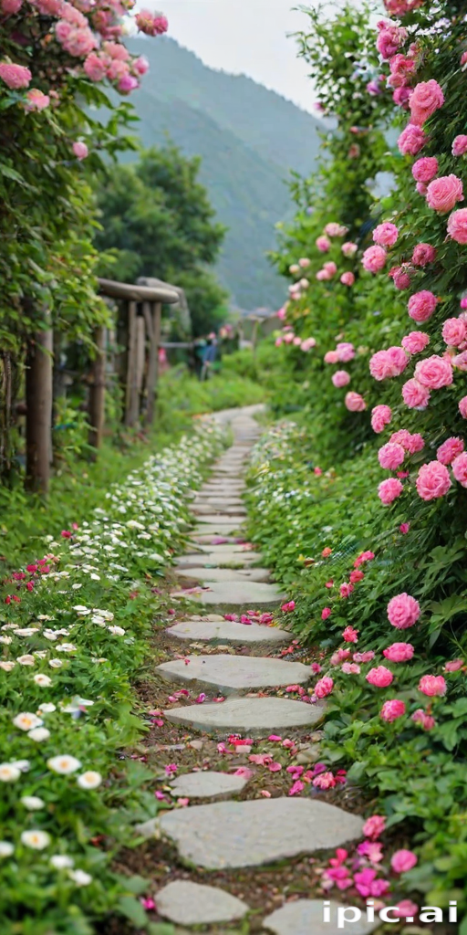A Serene Pathway Lined with Beautiful Blooms in a Tranquil Garden