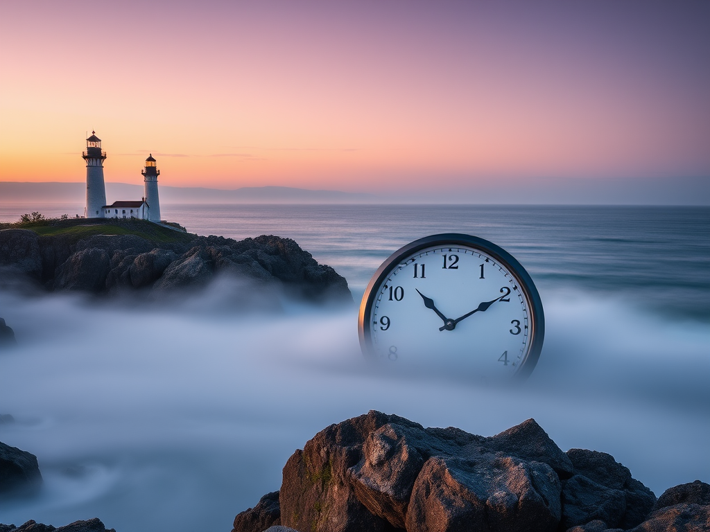 Create a serene landscape at twilight featuring two lighthouses on rocky cliffs, a large clock face emerging from mist over serene water, use a DSLR camera with a 24mm lens, aperture f/8, shutter speed 1/100 sec, ISO 200, shot in portrait mode with a soft focus background.