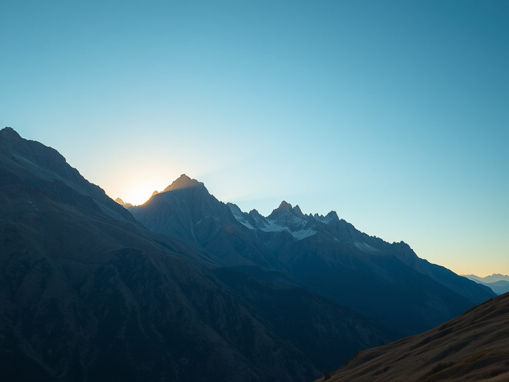 Create a high-resolution image of a serene landscape featuring mountains and a clear blue sky during golden hour, captured with a Canon EOS R5, 35mm lens, f/8 aperture, ISO 100, using a wide-angle perspective for an expansive view.