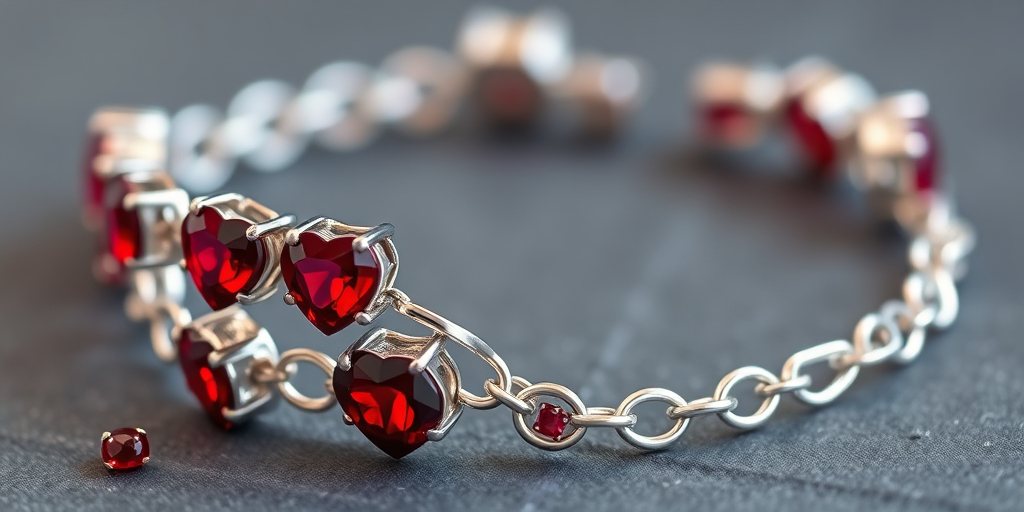 Create a high-resolution image of a silver bracelet with heart-shaped red gemstones, using a macro lens at f/2.8 aperture, 1/60 sec shutter speed, ISO 100, from a top-down perspective, with soft diffused lighting to highlight the details of the jewelry.