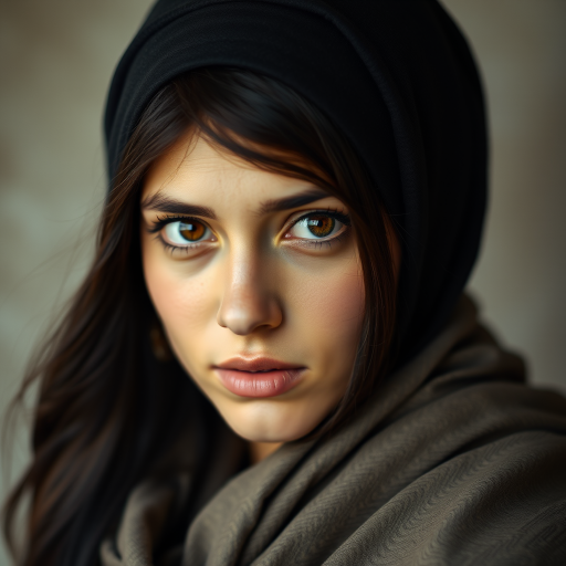 Create a portrait of a young Mizrahi woman with long, dark hair and captivating hazel eyes. She is wearing a black headscarf and a matching scarf draped gracefully around her neck. The background is softly blurred, focusing attention on her serene and natural expression. The overall color palette is muted and warm, enhancing the intimate and authentic feel of the portrait.
