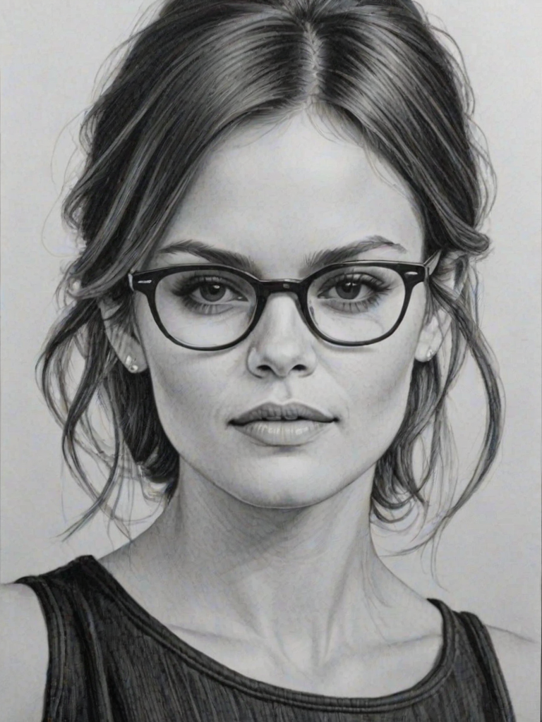 Resplendent Rachel Bilson, pencil sketch, portrait of Enticing woman 1980s in glasses, hair style beatnik, outline, clear lines, fine lines, 8k