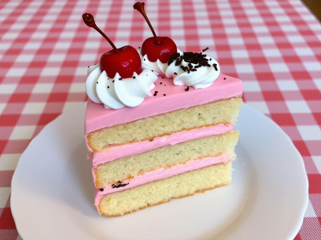 A slice of layered cake featuring pink frosting and cherries on top, with whipped cream and chocolate shavings, presented on a white plate, set against a checkered tablecloth background.