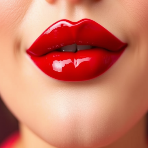 Glossy cherry red lips with a vinyl shine, named "Classic Glam," exude timeless elegance and feature a non-sticky formula for comfortable wear