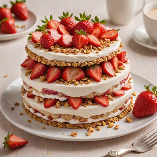 Generate an image of a delicious strawberry dessert. The dessert should be layered with creamy white filling, vibrant red strawberry layers, and topped with fresh strawberry slices. Include a crunchy granola or biscuit base, and arrange the pieces on a light-colored surface. The overall presentation should look fresh and inviting, with a focus on the bright colors of the strawberries and the creamy texture.