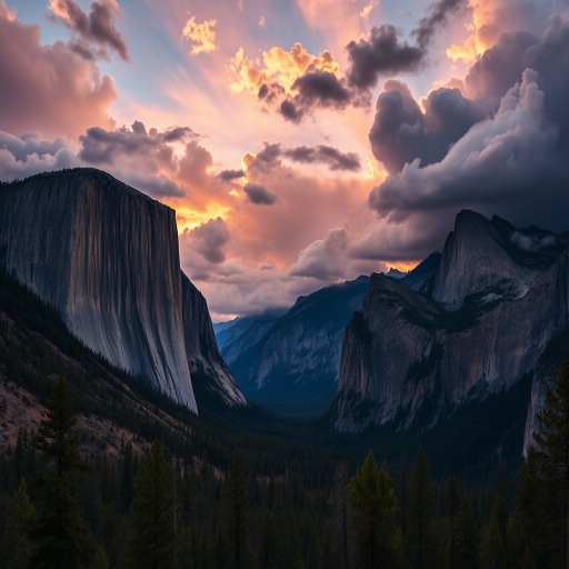 landscape of Yosemite National Park at sunset with dramatic clouds, high dynamic range, shot with a Canon EOS R5 at 24mm, f/8, ISO 100, 1/125 sec, using a wide-angle lens for enhanced depth and clarity.