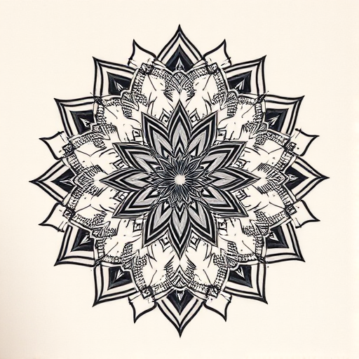 Dotwork mandala tattoo with intricate geometric patterns radiating from a central point, utilizing thousands of tiny dots to create gradients and intricate details for a mesmerizing optical illusion effect
