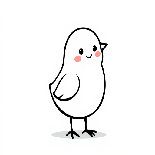 Cute cartoon bird with a round body and small feet, simplistic black outline, cheerful expression, standing on a textured white background.