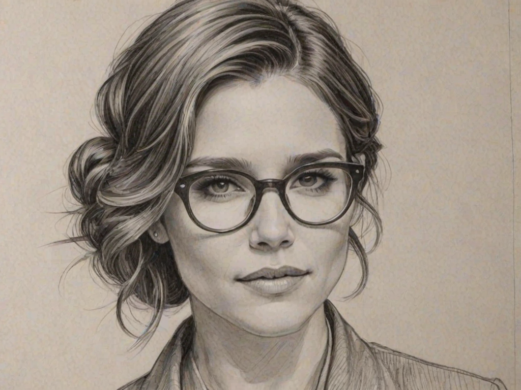 Fascinating Sophia Bush, pencil sketch, portrait of Fetching woman 1921s in glasses, hair style beatnik, outline, clear lines, fine lines, 8k