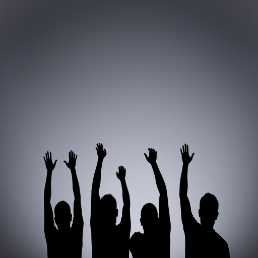 Create a high-quality image of four silhouetted figures with their hands raised against a gradient gray background, using a DSLR camera at f/8 aperture, ISO 200, 50mm lens, and a slight overhead angle for depth.