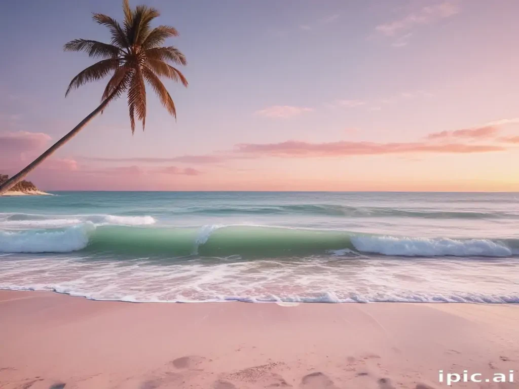 Tranquil Beach Scene at Sunset with Gentle Waves and Palm Tree