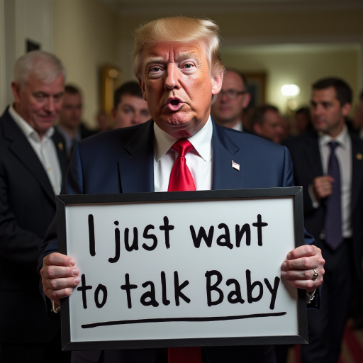 a photo of donald trump holding a sign board with a text "i just want to talk baby"
