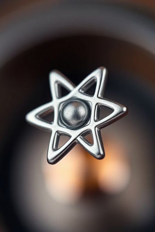 Create a high-resolution image of an atomic symbol with a sleek metallic finish, using a macro lens at f/2.8, 1/200s shutter speed, ISO 100, and a soft-focus background.