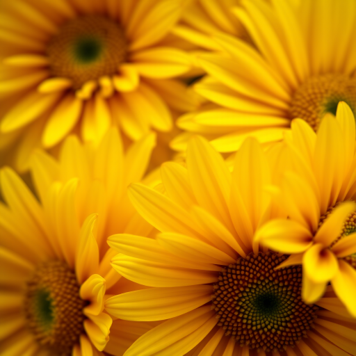 Close-up of vibrant yellow flowers with detailed petals and centers, natural light, f/2.8 aperture, 50mm lens, DSLR camera, shallow depth of field, ISO 100, vivid colors.
