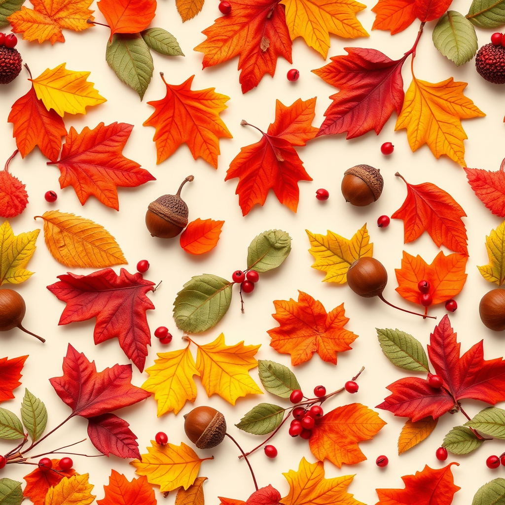 Create a vibrant seamless pattern featuring various autumn leaves, acorns, and berries on a light beige background; use a DSLR camera with a macro lens at f/8, ISO 200, and a shutter speed of 1/125 sec to capture the intricate details and enhance color richness.