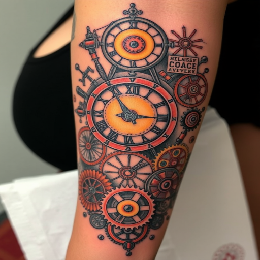 Steampunk tattoo titled "Clockwork Reverie" incorporating vintage mechanical elements gears and Victorian-inspired motifs with a mix of copper and brass tones