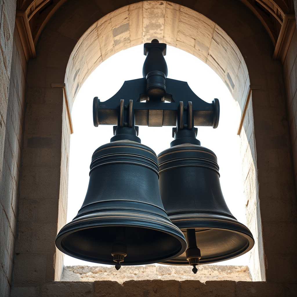 Regenerate a high-resolution image of two large, weathered church bells hanging in a stone bell tower, captured with a DSLR camera at f/8 aperture, 1/250 sec shutter speed, ISO 200, in a wide-angle view with natural lighting for enhanced detail and clarity.